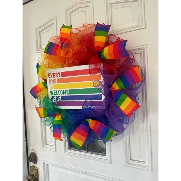 Everyone is Welcome Here Rainbow Pride Flag LGBTQ Sign Mesh Ribbon Wreath - Picture 6 of 8